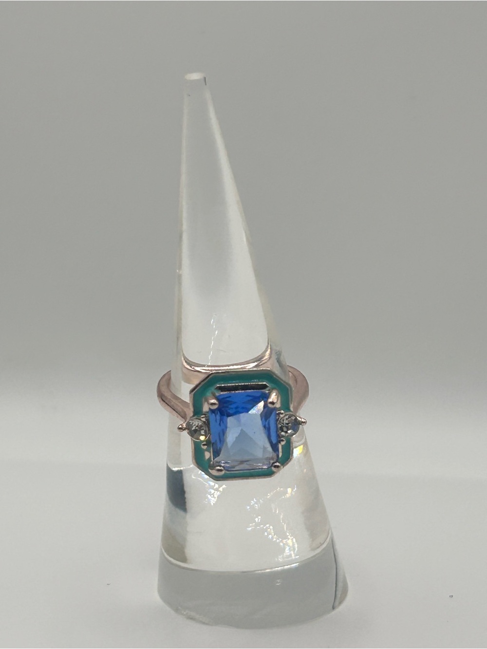 Rose Gold Ring with Blue Octagon Stone and Green Enamel Accents